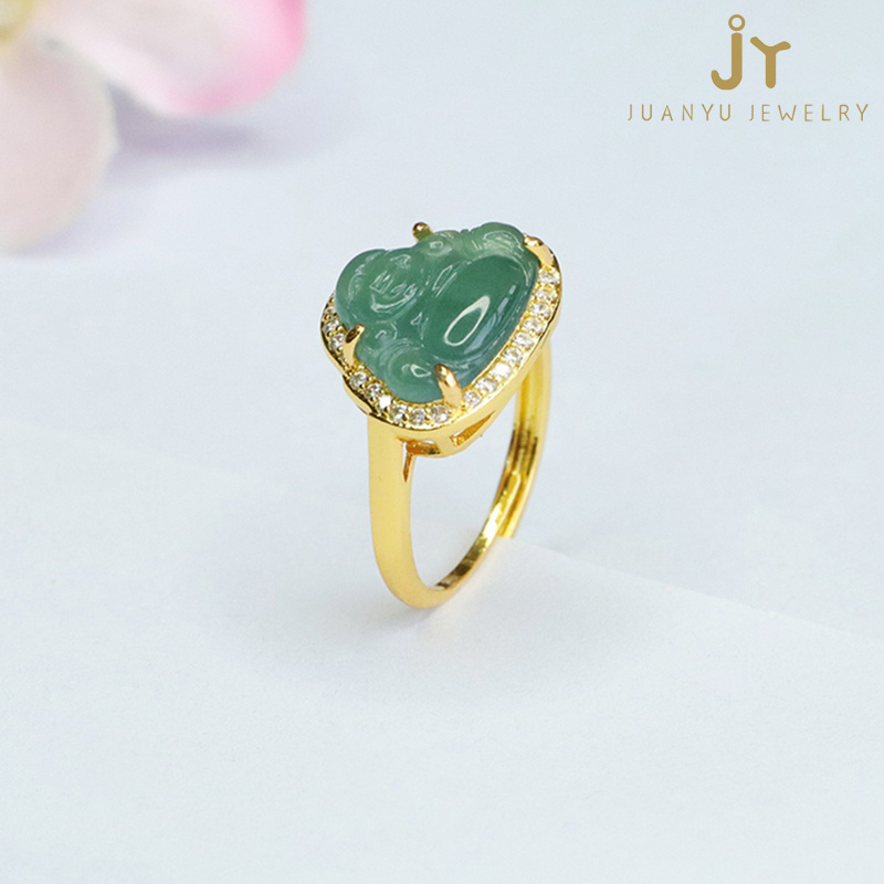 Fashion Jewelry Jadeite Finger Rings Maitreya Shape Natural Burma Jade Rings Gold Plated Buddha Green Myanmar Jade Rings