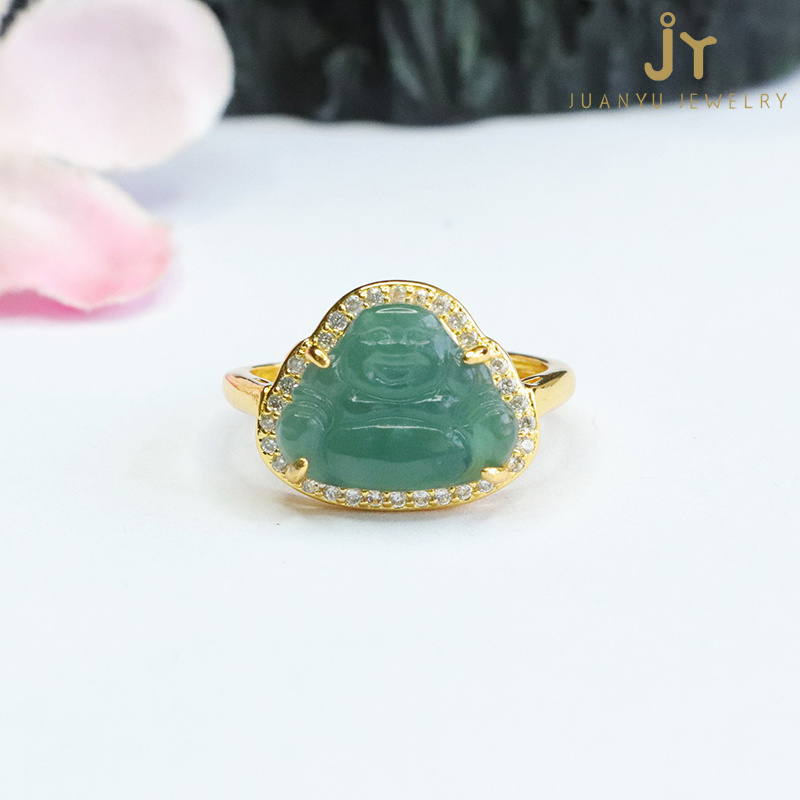 Fashion Jewelry Jadeite Finger Rings Maitreya Shape Natural Burma Jade Rings Gold Plated Buddha Green Myanmar Jade Rings