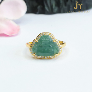 Fashion Jewelry Jadeite Finger Rings Maitreya Shape Natural Burma Jade Rings Gold Plated Buddha Green Myanmar Jade Rings