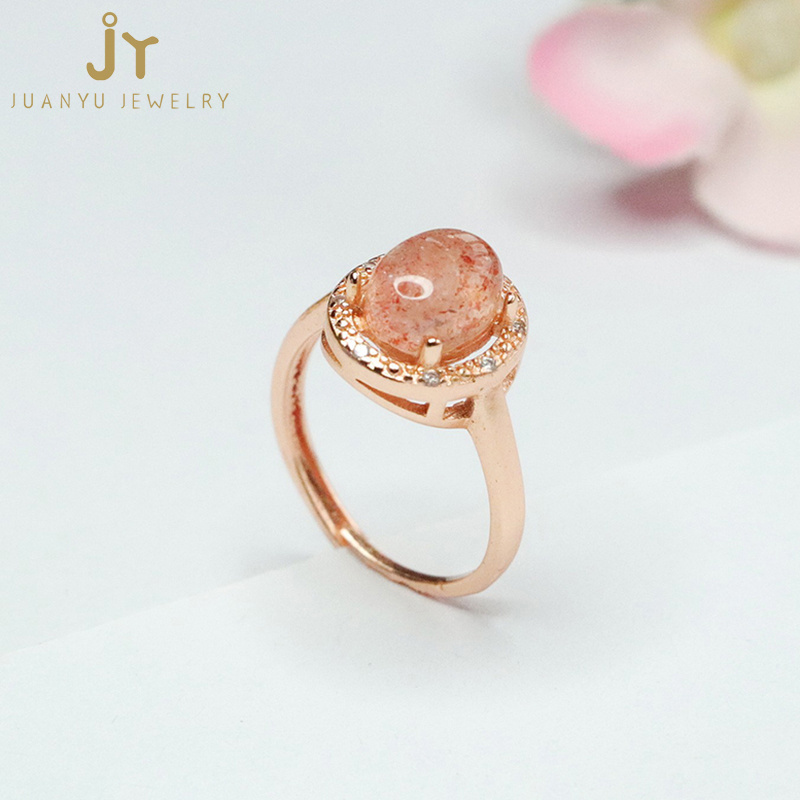 Prong Setting Healing Crystal Rings Rose Gold Plated High Quality Strawberry Quartz Rings Sweet Style Energy Stone Quartz Rings