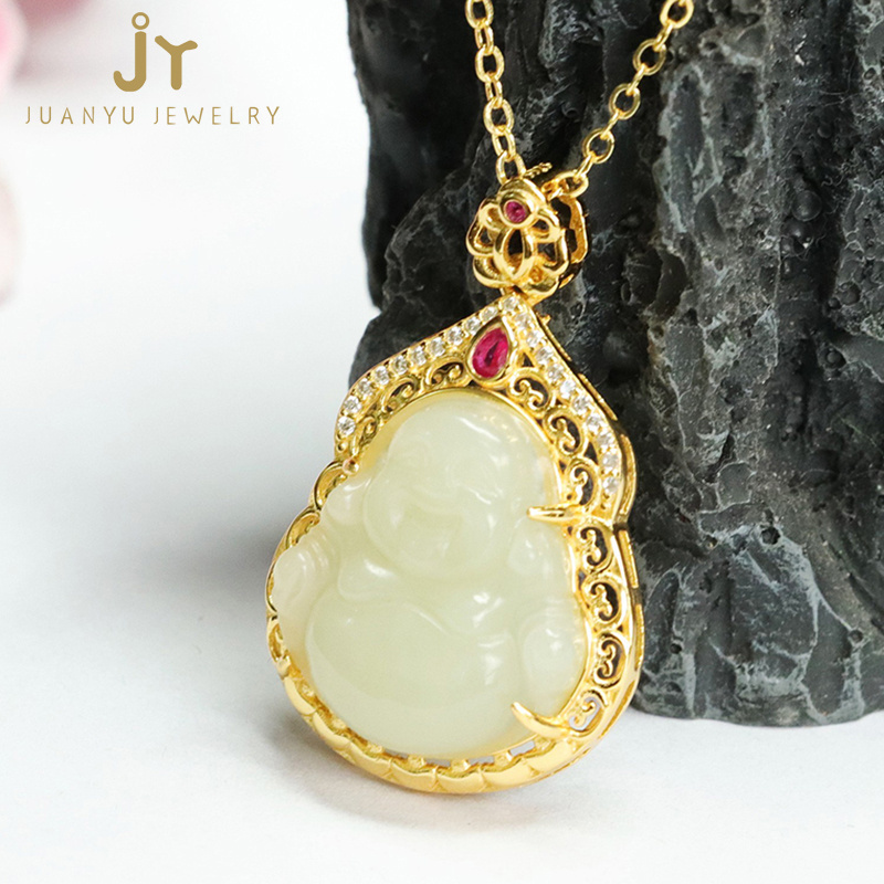 Wholesale High Quality Hetian Jade Pendant Fashion Jewelry S925 Silver Buddha Shape Pendant Vintage Natural Stone Pendant