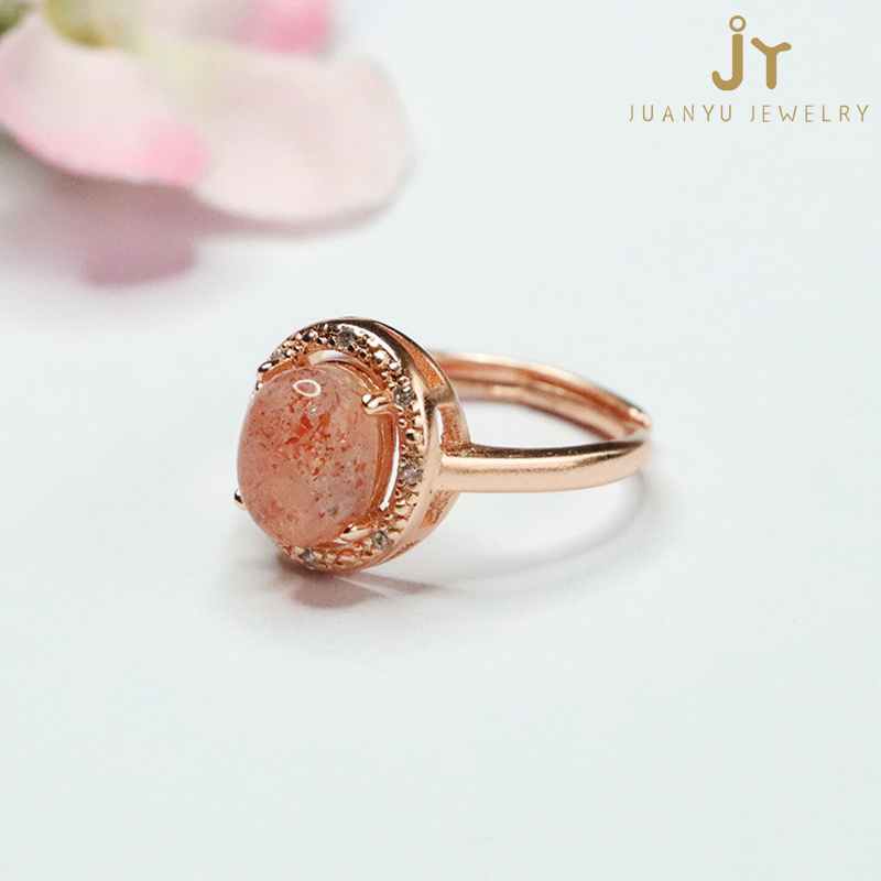 Prong Setting Healing Crystal Rings Rose Gold Plated High Quality Strawberry Quartz Rings Sweet Style Energy Stone Quartz Rings