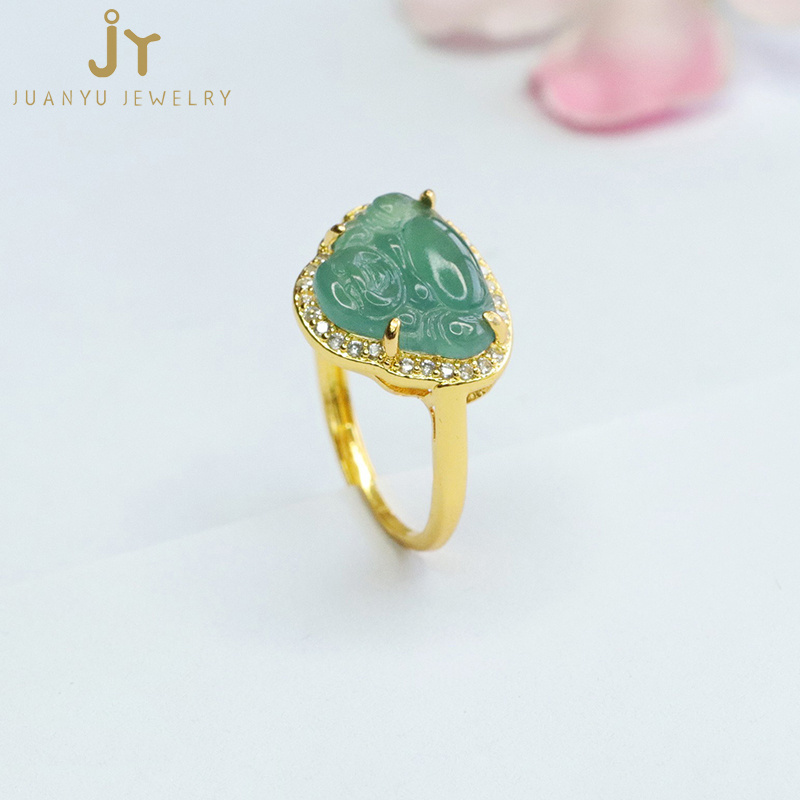 Fashion Jewelry Jadeite Finger Rings Maitreya Shape Natural Burma Jade Rings Gold Plated Buddha Green Myanmar Jade Rings