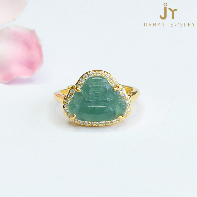 Fashion Jewelry Jadeite Finger Rings Maitreya Shape Natural Burma Jade Rings Gold Plated Buddha Green Myanmar Jade Rings