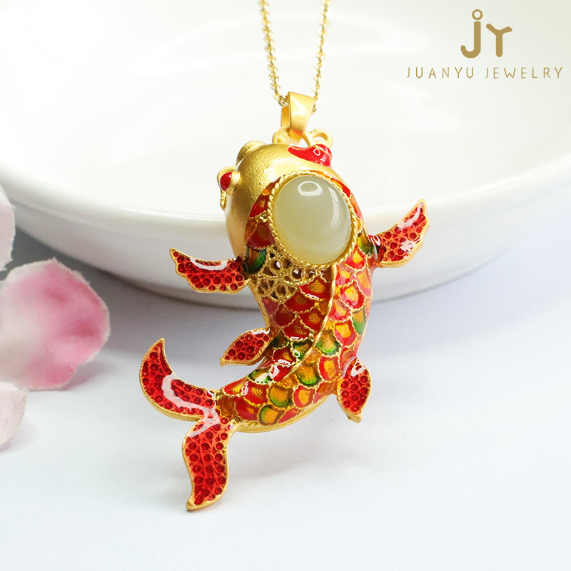 Enamel Gold Plated Copper Pendants Fish Shape Jewelry Stone Hetian Jade Pendants Precious Stone Natural Stone Koi Pendants