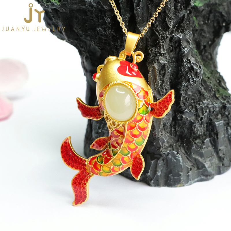 Enamel Gold Plated Copper Pendants Fish Shape Jewelry Stone Hetian Jade Pendants Precious Stone Natural Stone Koi Pendants