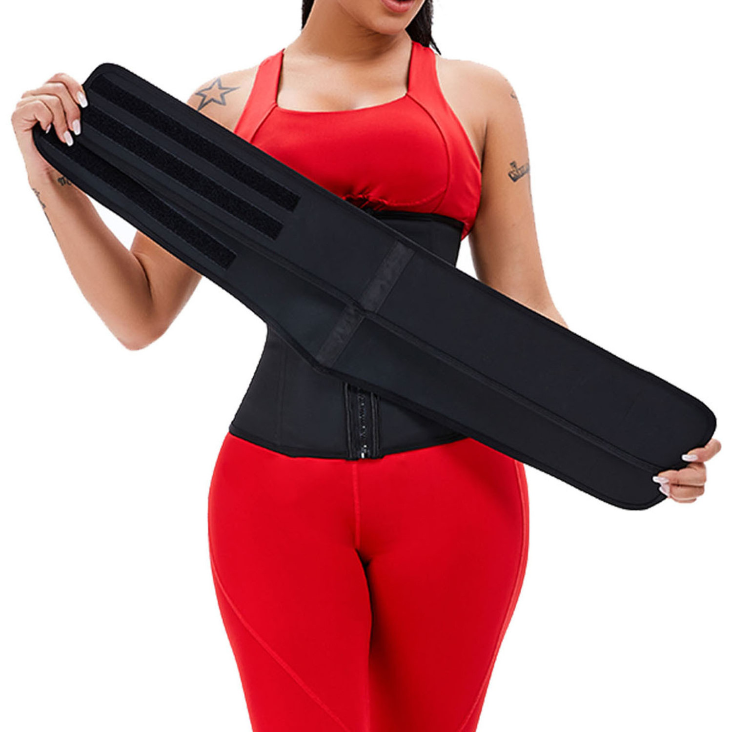 women latex shaper belt double belts plus size waist trainer strong zip up Latex Waist Trainer Sweat attachable Double Straps