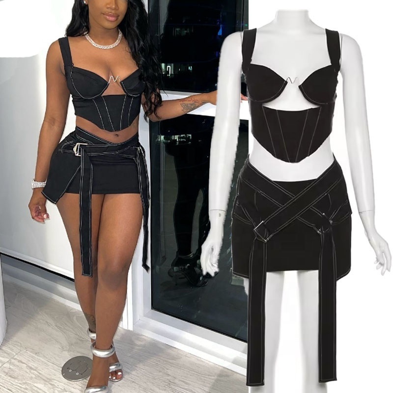 Sexy Black Bodycon Women'S Sets Dress 2 Two Piece Skirt Sets Hollow Out Tank Tops Mini Skirt Sets For Women 2024 Spring