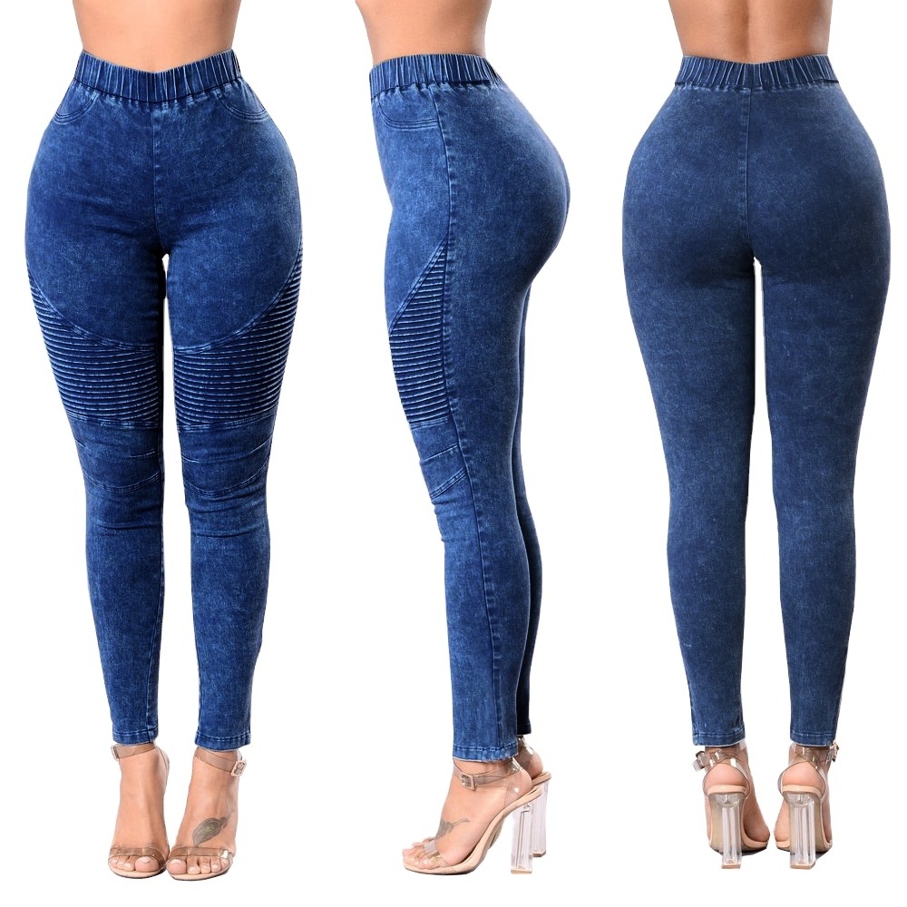 Women's High-Waisted High-Stretch Skinny Jegging Navy Blue 4-Color Washed Denim Fashionable Summer Jeans Ruffled Knee Details