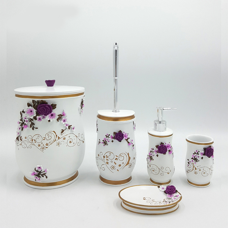 Purple Turkish Style Ceramic Flower Decor Bathroom Accessories Sets