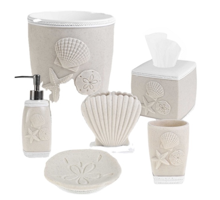 Funny Ocean Desgin White Luxury Sea Shell Eco-friendly Polyresin Bathroom Sets Bathroom Toilet Accessories