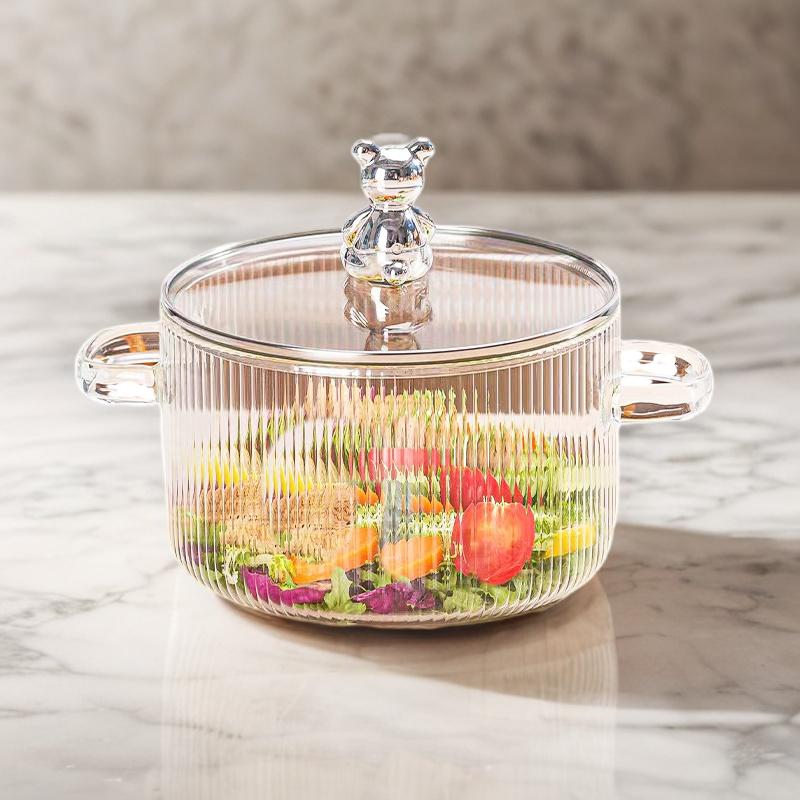 Food Grade Cute Design High Borosilicate Glass Pots For Cooking Stewing Heat Resistant with Lid For Boiling Water