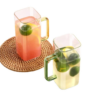 Colored square high borosilicate heatproof glass cup with handle drinking mug straight cup for juice milk tea coffee with straw