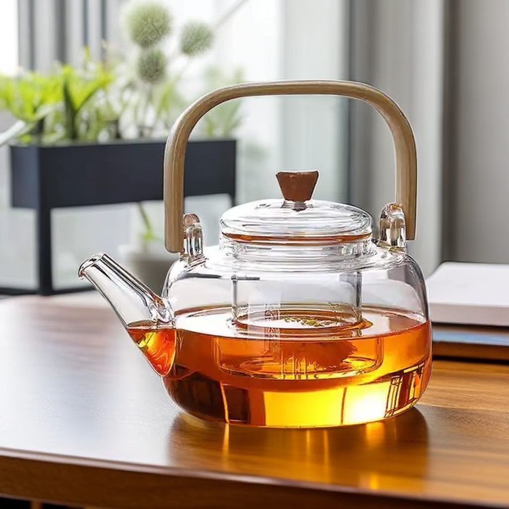 High Borosilicate Glass Handmade Bamboo Handle Heat Resistant Teapot With Glass Strainer 1000ml