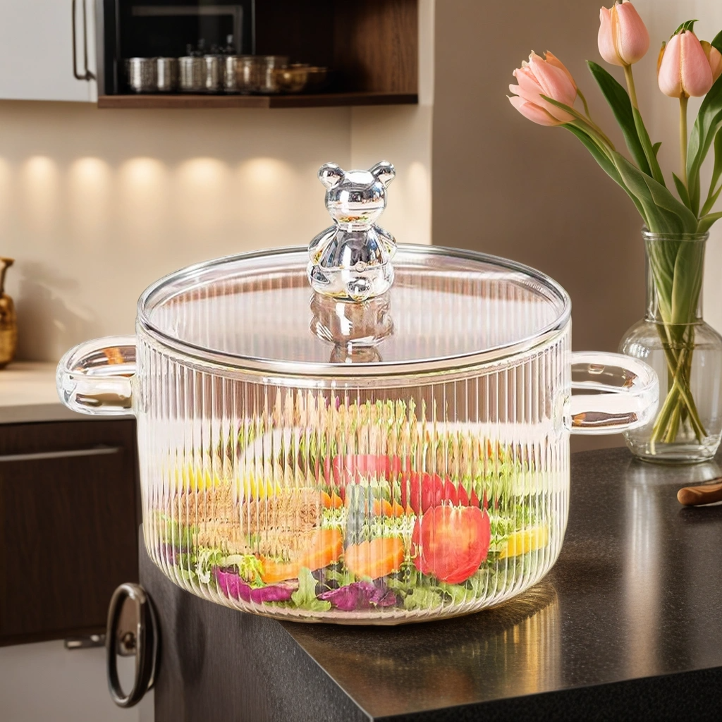 Food Grade Cute Design High Borosilicate Glass Pots For Cooking Stewing Heat Resistant with Lid For Boiling Water