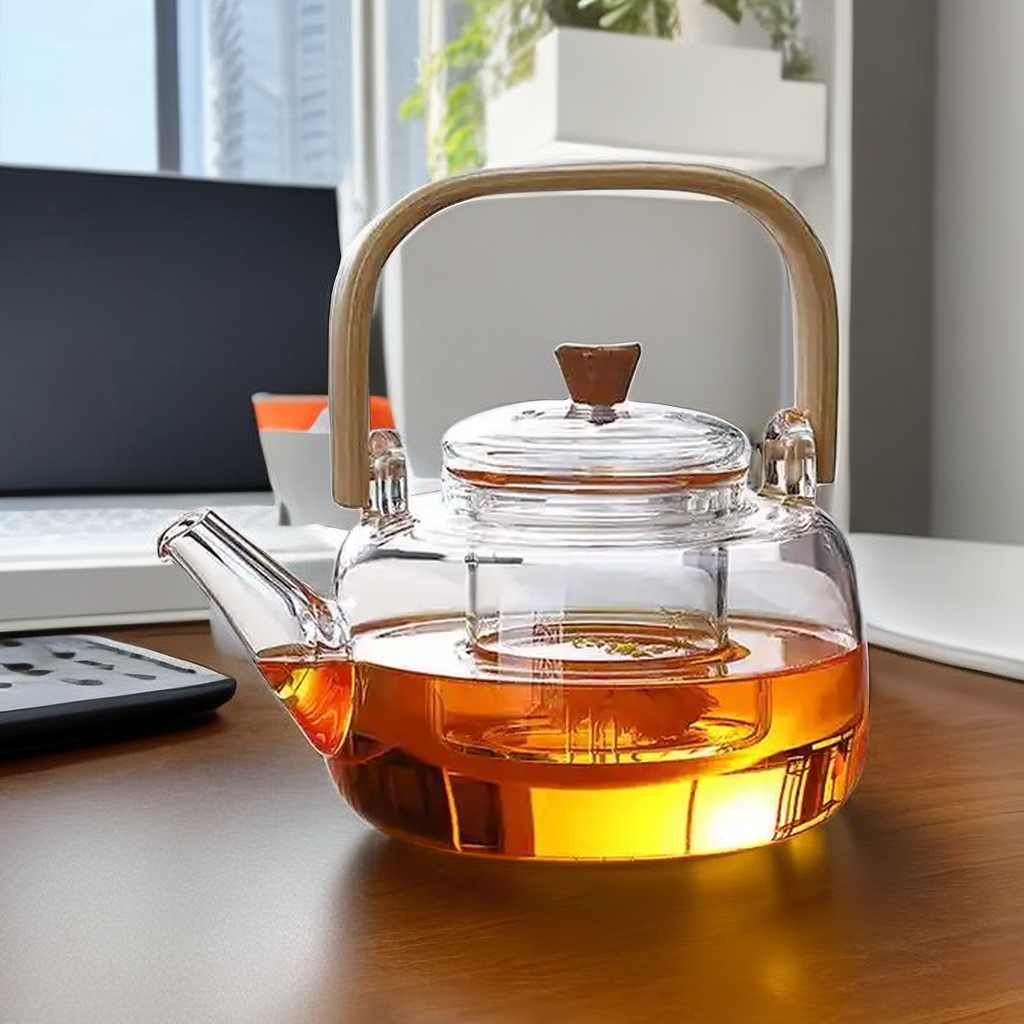 High Borosilicate Glass Handmade Bamboo Handle Heat Resistant Teapot With Glass Strainer 1000ml