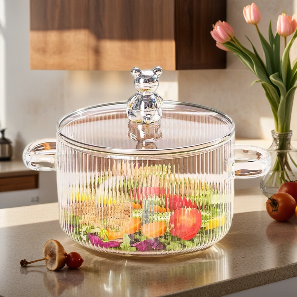 Food Grade Cute Design High Borosilicate Glass Pots For Cooking Stewing Heat Resistant with Lid For Boiling Water