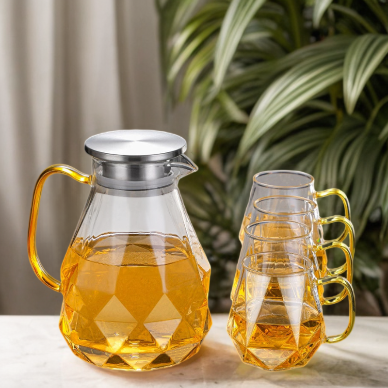 Large capacity high borosilicate hot water diamond Pitcher with lid Beverage Juice glass tea pot with handle