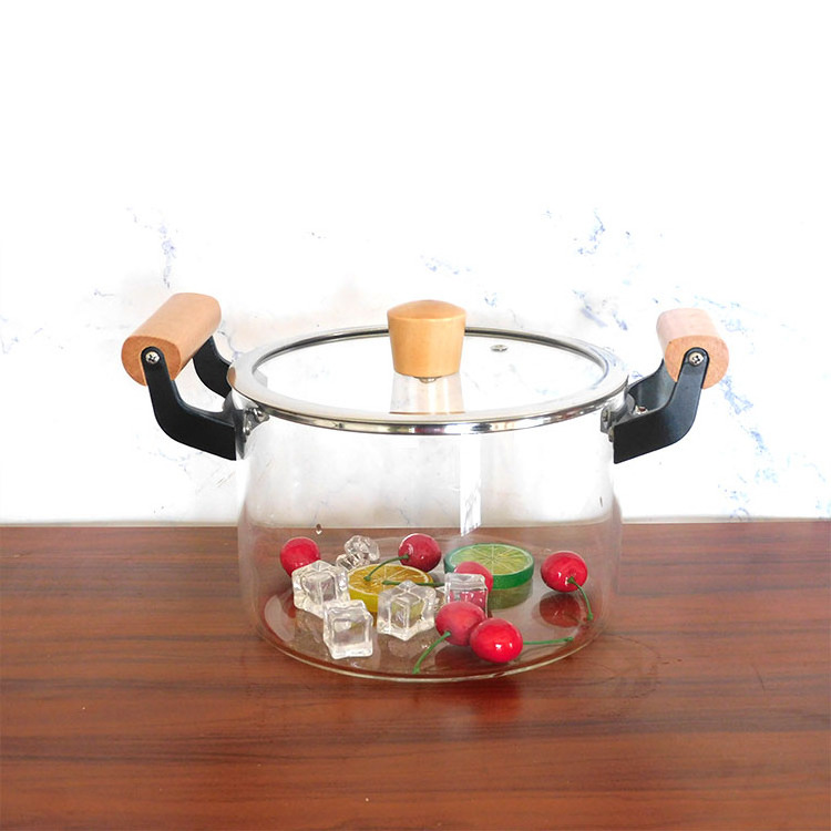 3.5L 4.5L Heat Resistant Thickening Borosilicate Glass Stovetop Cooking Pot Glass Saucepan Casserole With Wooden Handle