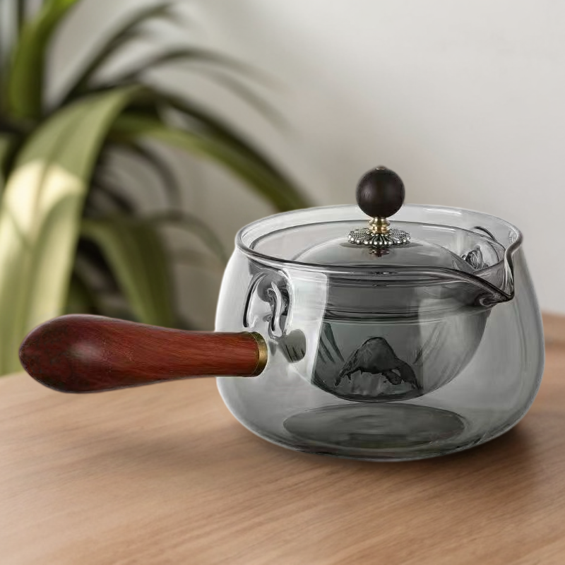 500ml Handmade high Borosilicate Tea Pot With side Wooden Handle Gray clear Heat Resistant Water Glass Kettles