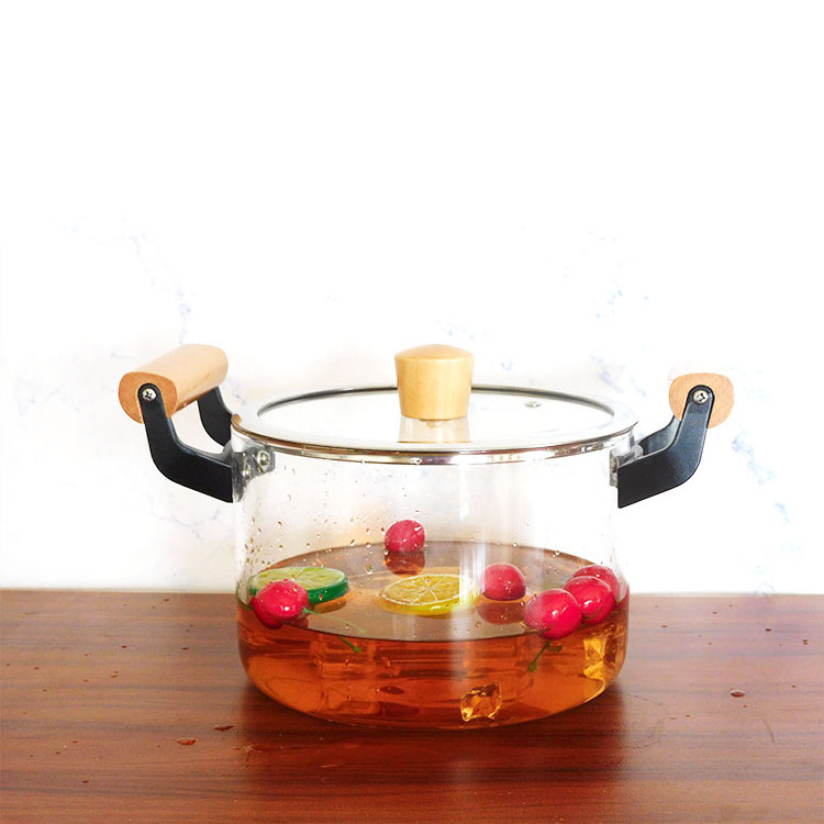 3.5L 4.5L Heat Resistant Thickening Borosilicate Glass Stovetop Cooking Pot Glass Saucepan Casserole With Wooden Handle