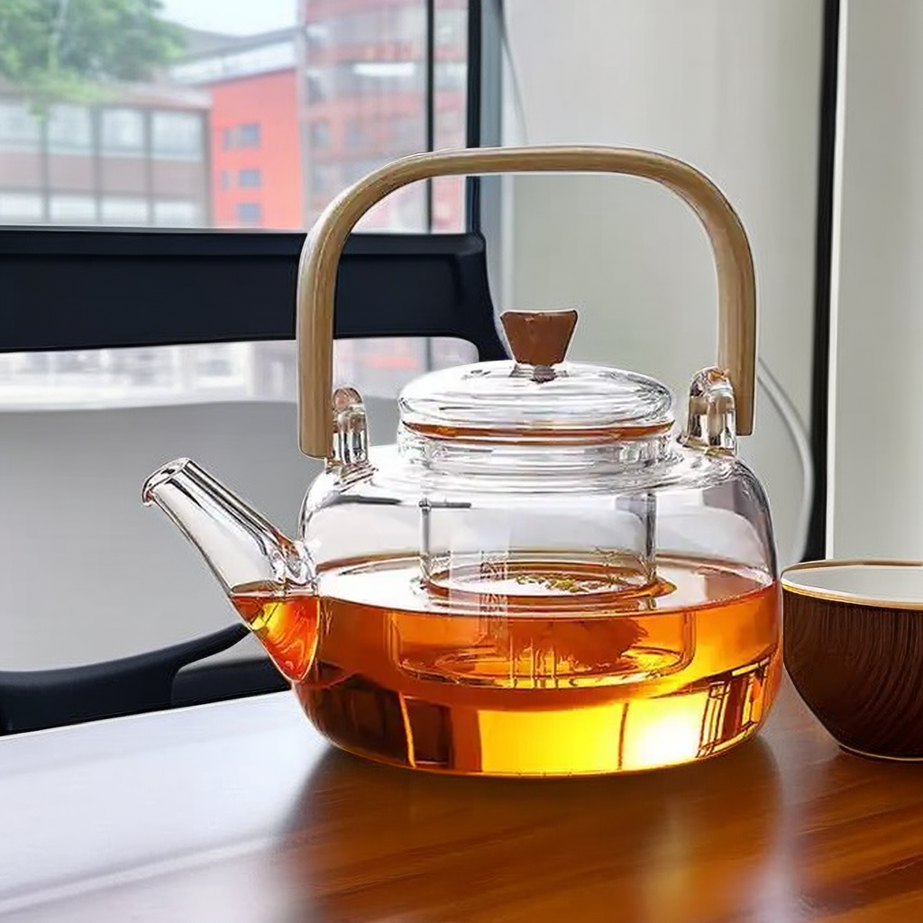 High Borosilicate Glass Handmade Bamboo Handle Heat Resistant Teapot With Glass Strainer 1000ml