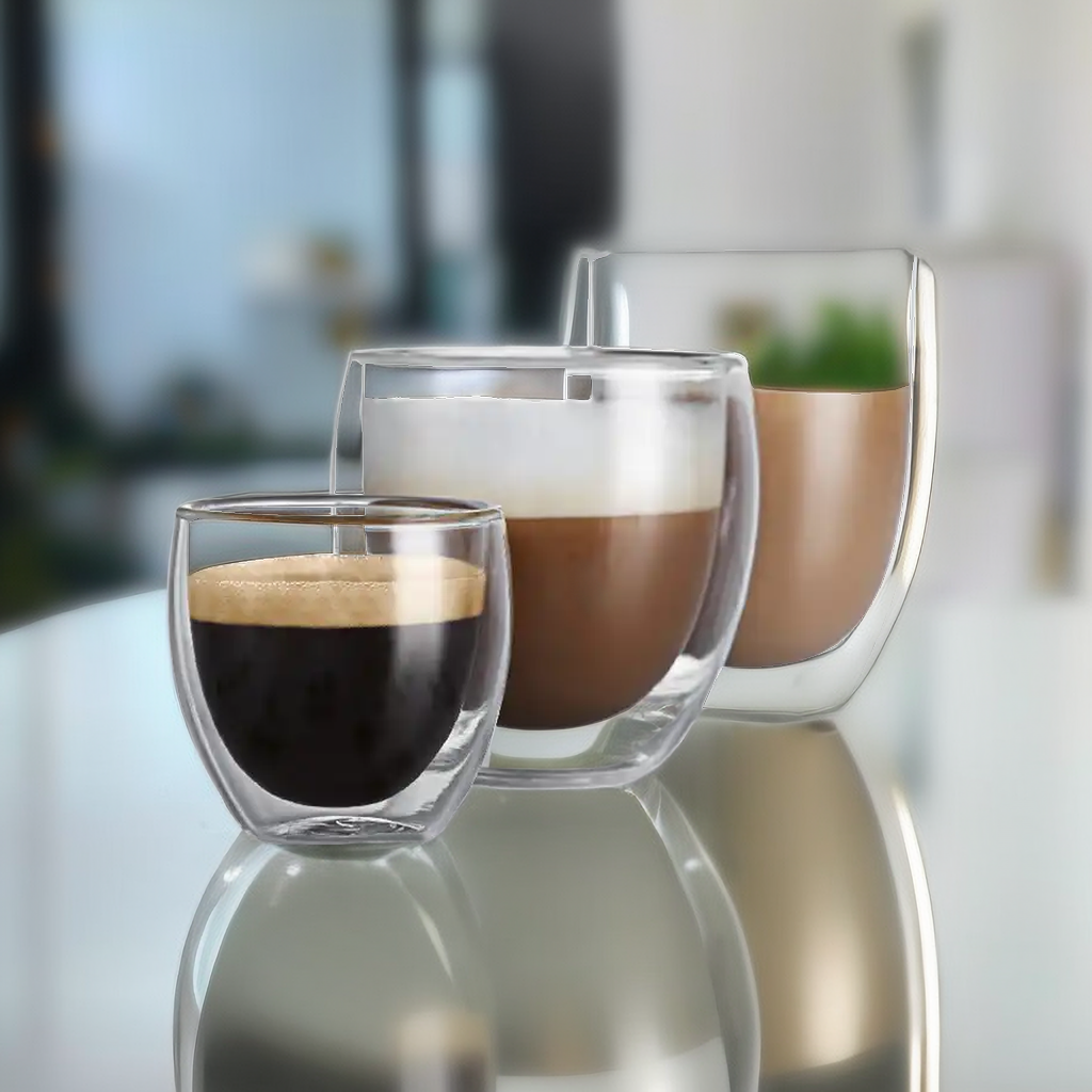 Eco-friendly Double Walled  High Borosilicate Glass Coffee or Tea Cups Insulated 250ml 350 450 ml Coffee Mugs