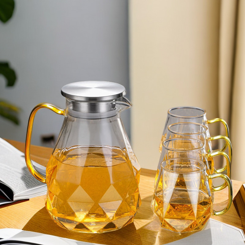 Large capacity high borosilicate hot water diamond Pitcher with lid Beverage Juice glass tea pot with handle