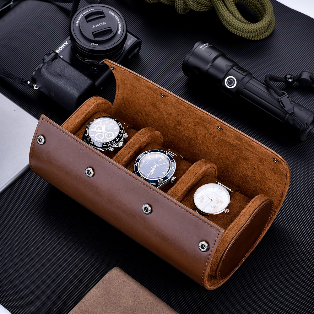 Handmade Leather Watch Rolls Box for Man Watch Roll Travel Case with Velvet