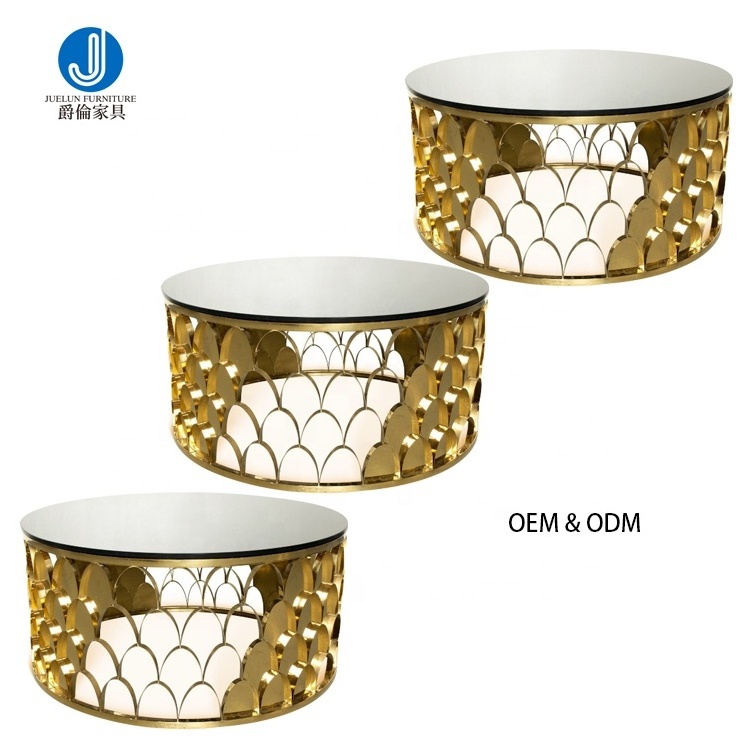 Home living room furniture reception hall no folded round metal stainless steel luxury mirrored glass golden small coffee tables