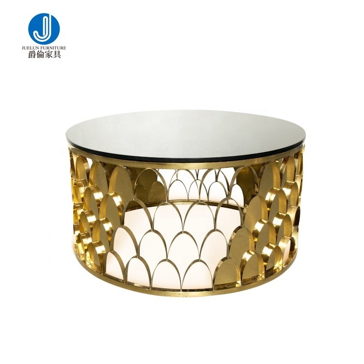 Home living room furniture reception hall no folded round metal stainless steel luxury mirrored glass golden small coffee tables