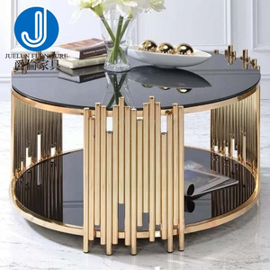 Free sample home living room furniture round metal stainless steel no folded glass gold coffee table