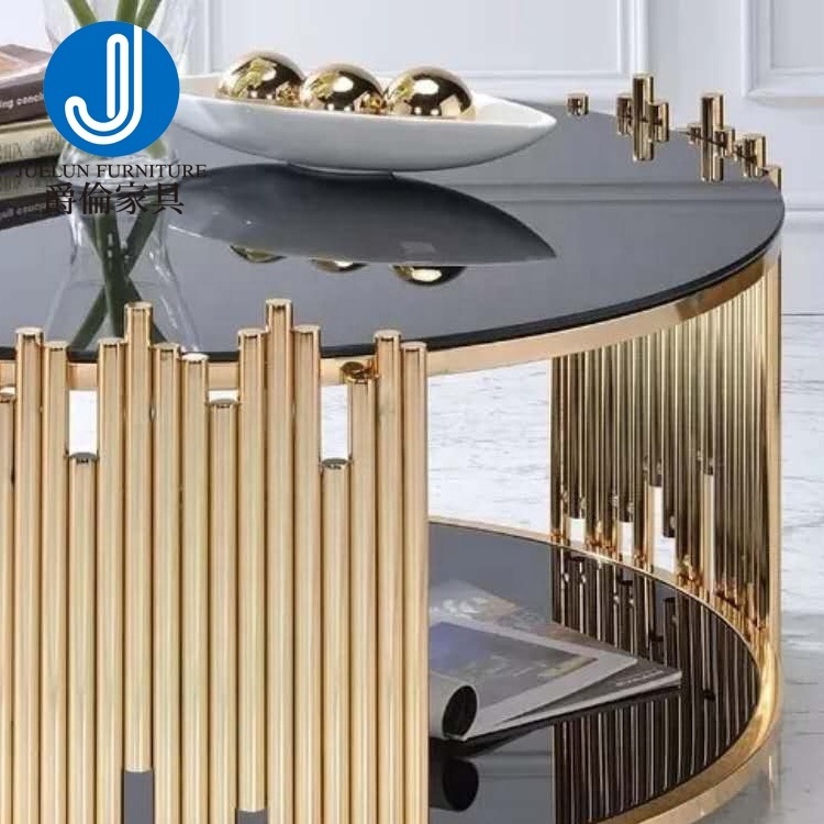 Free sample home living room furniture round metal stainless steel no folded glass gold coffee table