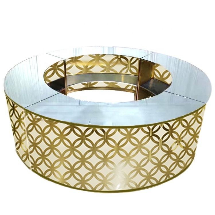 Metal gold stainless steel frame mirror glass top acrylic night club big luxury reception desk led round bar counter