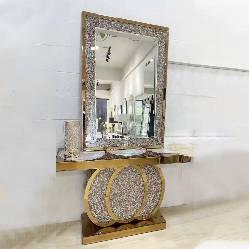 Living Room Modern Luxury Stylish Mirrored Glass Console Table Mirror Entry Table With Crushed Diamonds