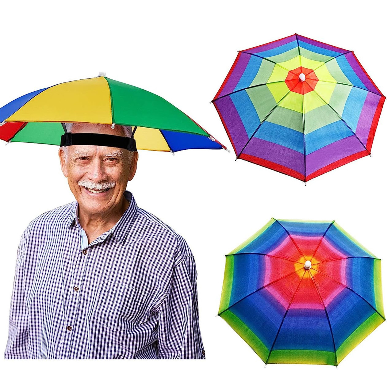 Umbrella Hat Rainbow Adult Multicolor Hands With Head Strap Folding Waterproof Elastic Fishing Headwear Umbrella