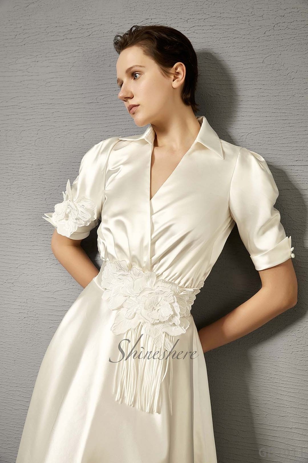 New design short sleeves v neck flowers ankle length aline wedding dress elegant satin bridal gown