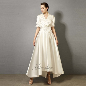 New design short sleeves v neck flowers ankle length aline wedding dress elegant satin bridal gown