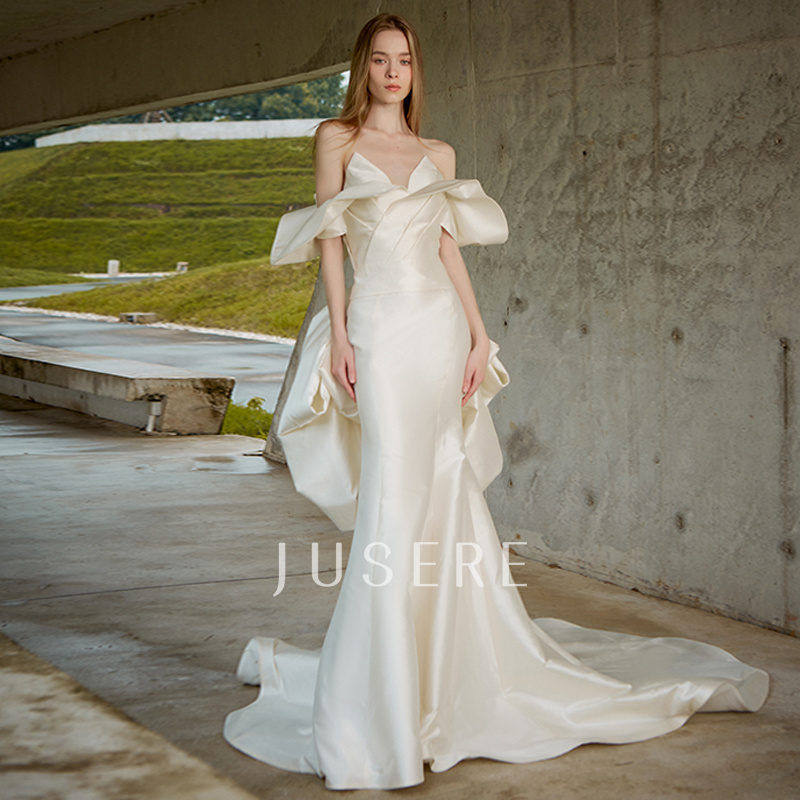 New Arrival Mermaid Wedding Dresses Off Shoulder Long Bridal Dresses Bow Back Pleated Satin Wedding Gowns