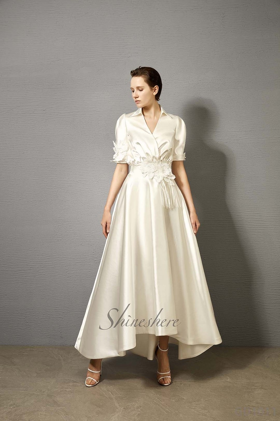 New design short sleeves v neck flowers ankle length aline wedding dress elegant satin bridal gown