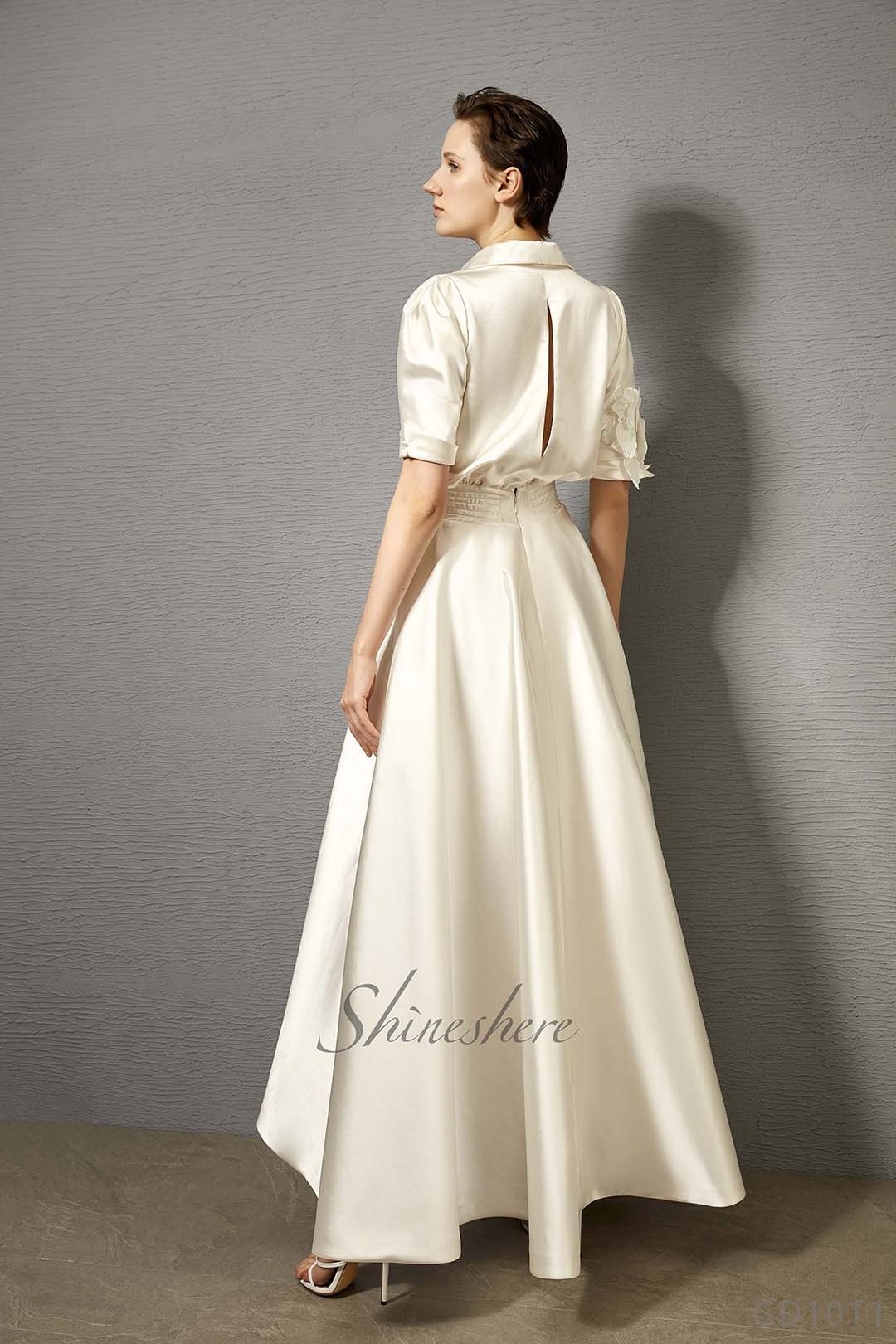 New design short sleeves v neck flowers ankle length aline wedding dress elegant satin bridal gown