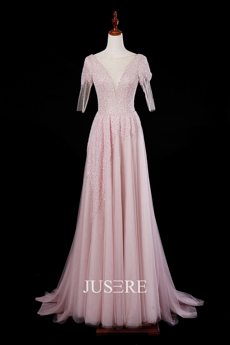 Pink heavy beaded short sleeves aline evening dress backless sweep train prom gown