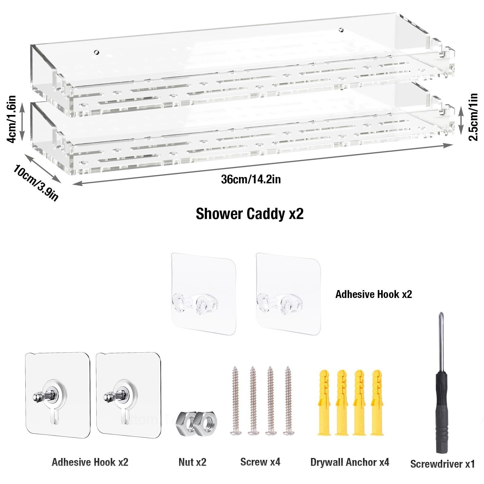 2-Pack Stick On Shower Shelf with Hooks & Mounting Accessories, Clear Shower Caddy, Self Adhesive Shower Shelves