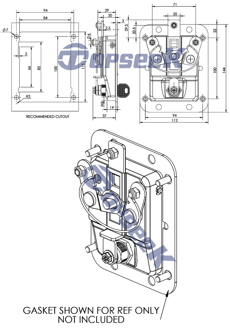 Black coated industrial cabinet Recessed Lockable key locking Paddle Lock Handle Latches with 3 point locking