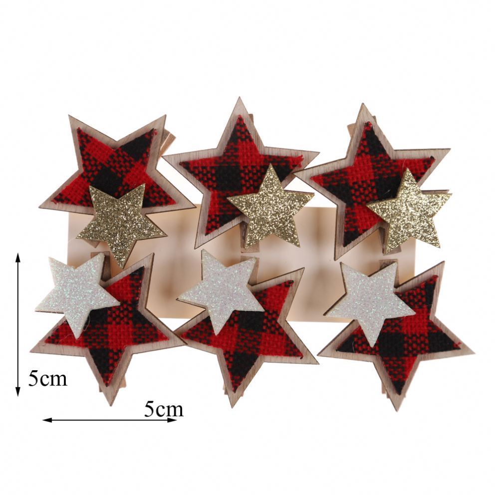 Home Party Mini Decorations Christmas Snowflake Wooden Clips Red Black Plaid Wood Clothespins