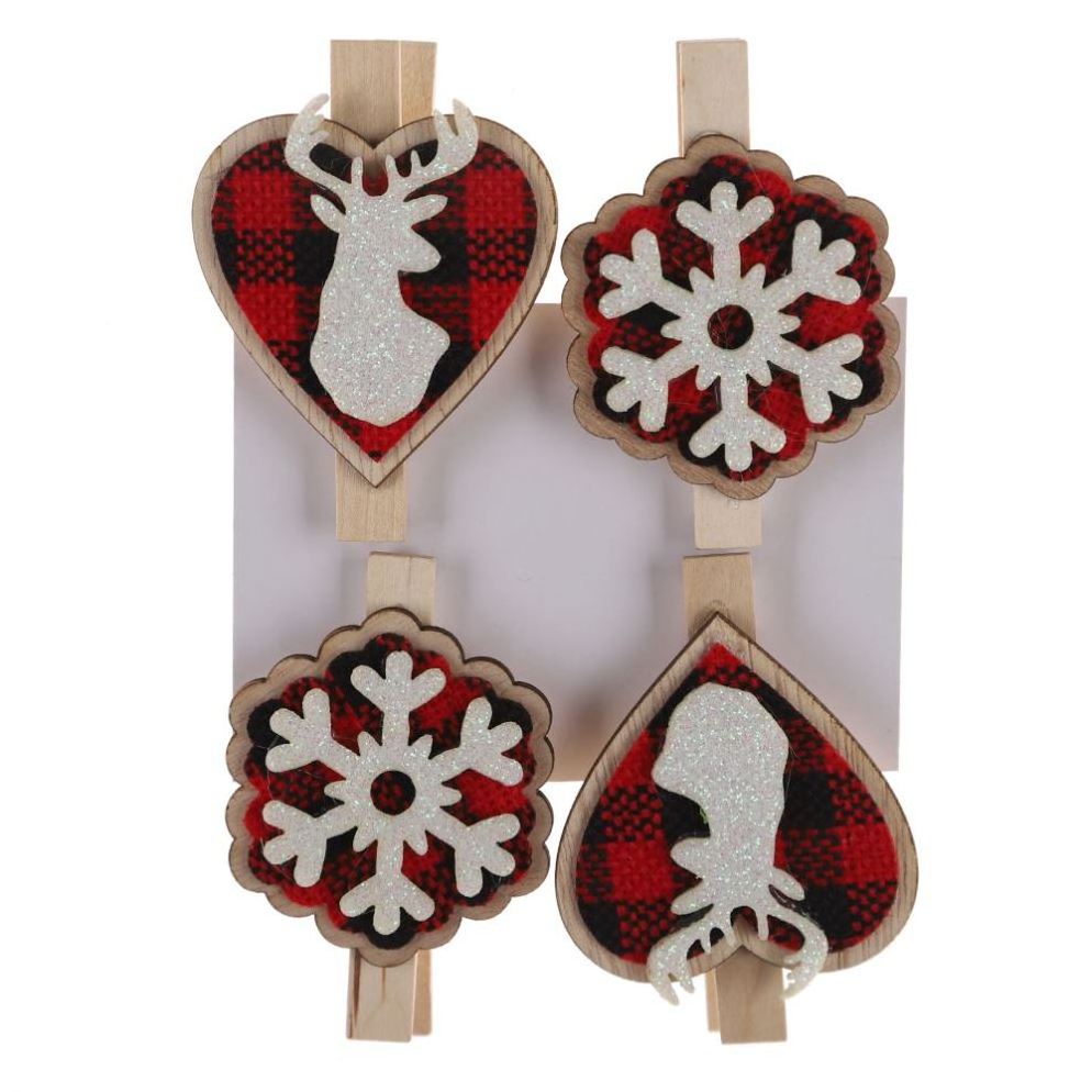 Home Party Mini Decorations Christmas Snowflake Wooden Clips Red Black Plaid Wood Clothespins