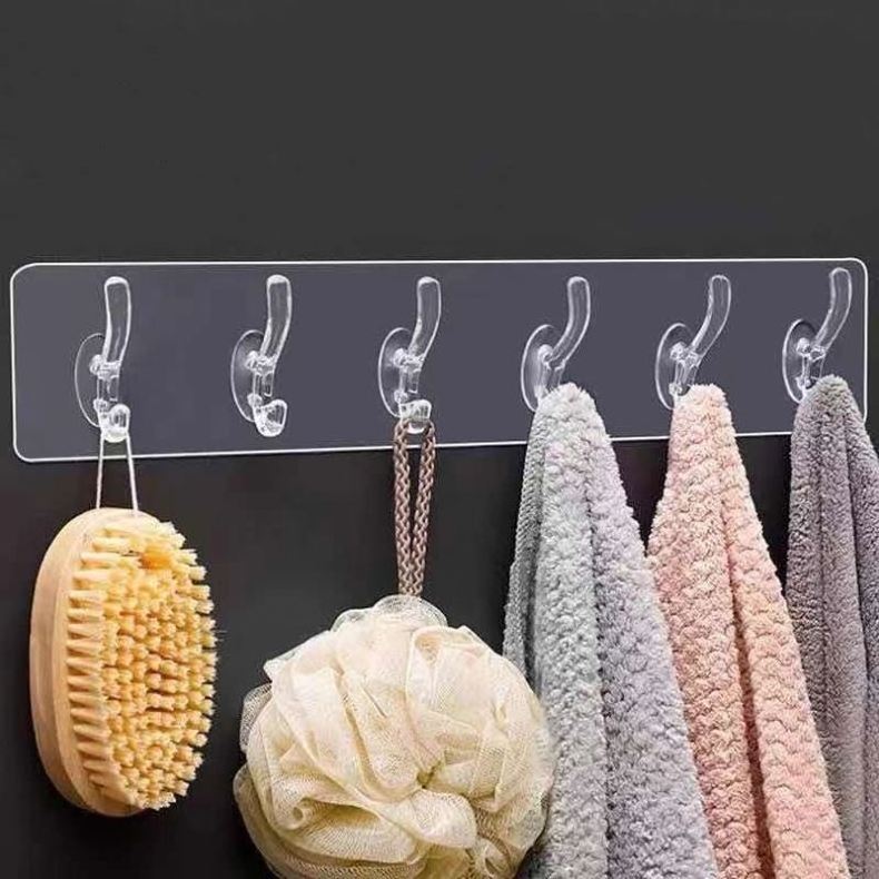 Kitchen Bathroom Clear Plastic Glue Six Rows Nail Free Hooks Wall Hanger