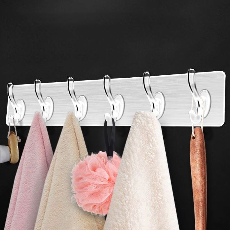 Kitchen Bathroom Clear Plastic Glue Six Rows Nail Free Hooks Wall Hanger