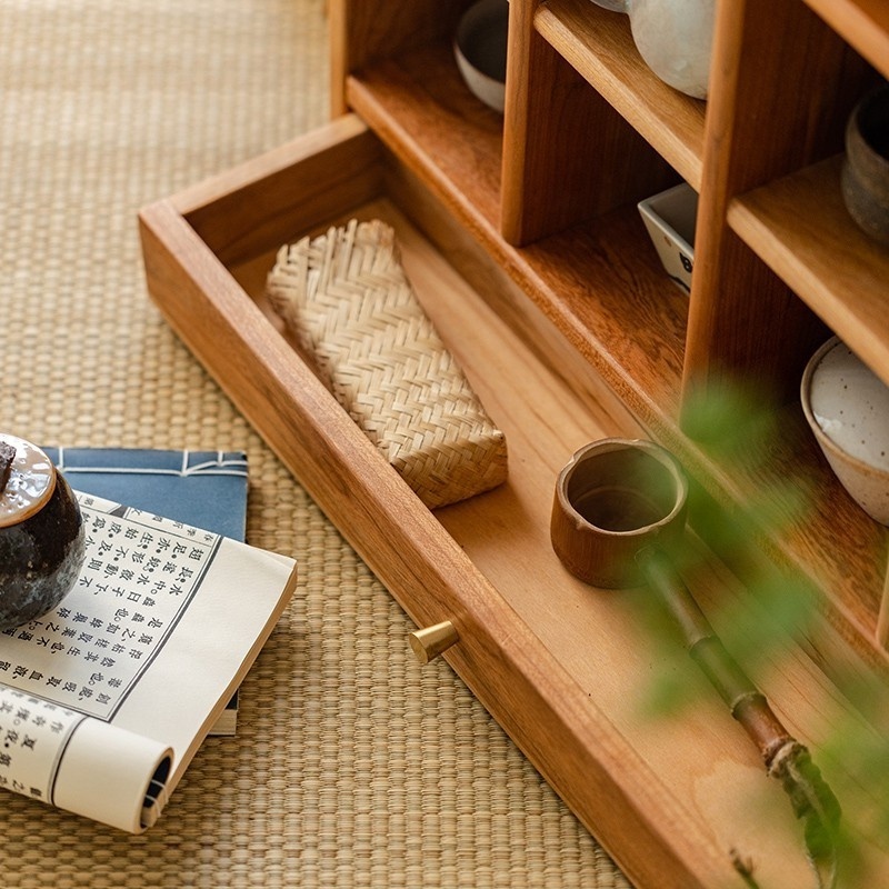 Cherry wood tea set solid wood cup holder Japanese style tea rack lattice multi-borg display cabinet table top storage