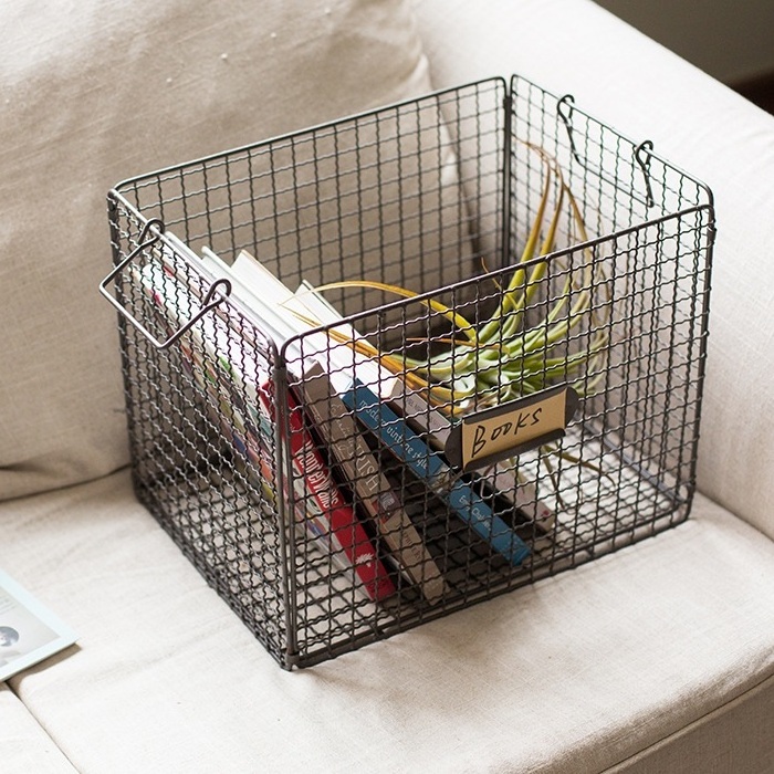 High quality square storage basket multifunctional black metal storage basket steel wire folding storage basket